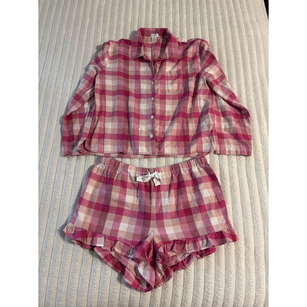 J Crew Plaid Flannel Pajama Set Shorts/Long Sleeve Button Shirt women large pink
